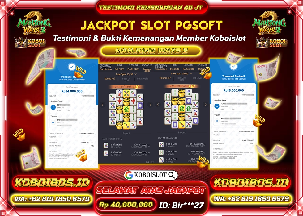 BUKTI KEMENANGAN Bir***27 SLOT GACOR MAHJONG WAYS 2 Rp40.000.000,- LUNAS